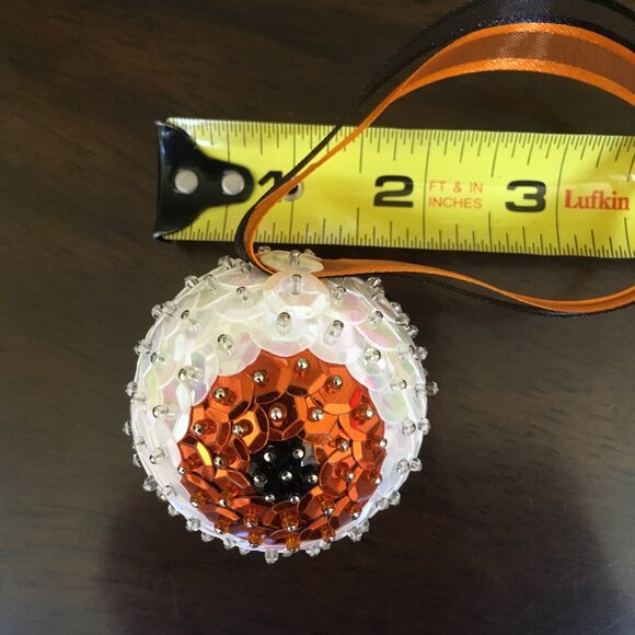 Christmas Eyeball Ornament Glam Sparkle Sequin Beaded Halloween OOAK Orange - Picture 10 of 10